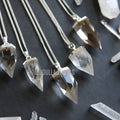 NM43753 Dipped Icicle Quartz Point Necklace Genuine Clear Crystal Spike Pendant With Sterling Silver Plated Chain