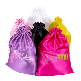 Leeons Printing Custom Logo Luxury Wig Bag Drawstring Packaging Pouch Hair Extension Silk Satin Bags for Wigs Hair Bundles Bulk