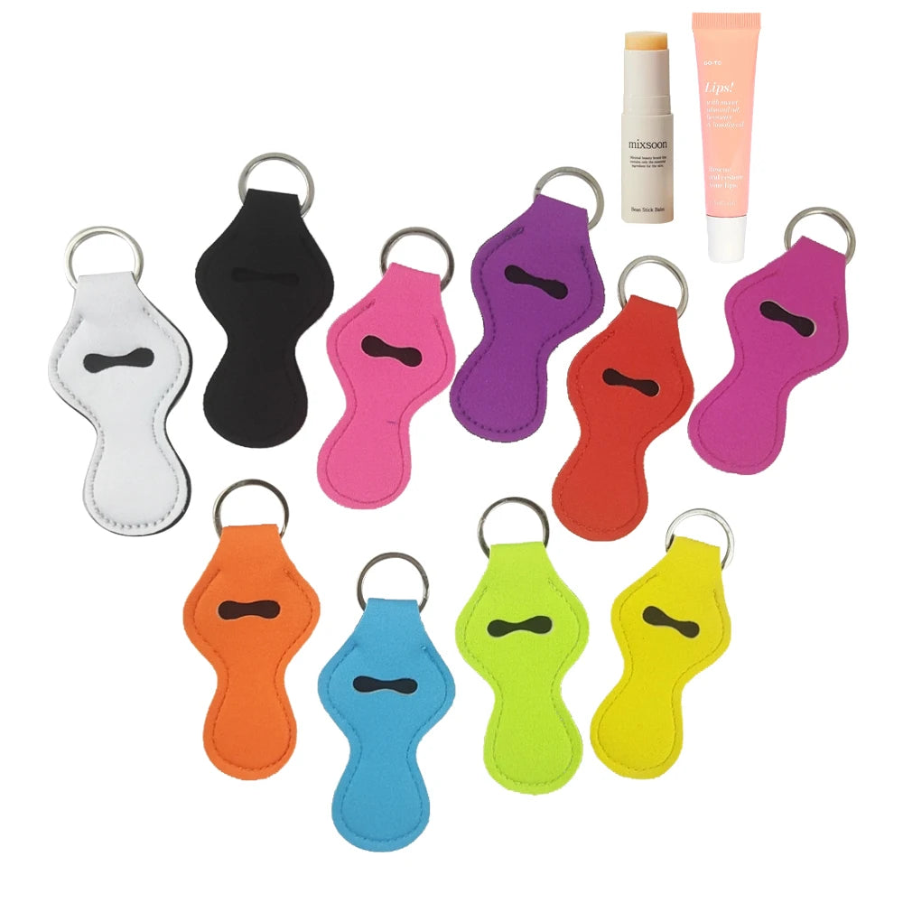 Wholesale Solid Color Neoprene Keychains Chapstick Holder Lip Balm Sleeves Pouch Keychain