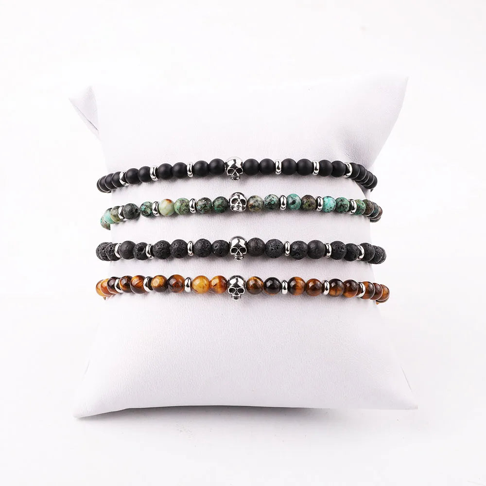 Latest Design Natural Stone Gemstone Small Stainless Steel Skull Beaded Elastic Bracelet Men JBS12368