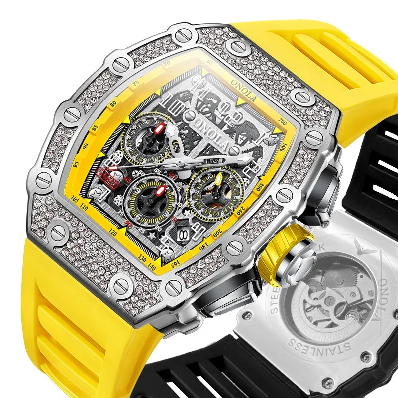 Onola 6826D Hip Hop Iced Out Diamond Watches Men Wrist Chronograph Automatic Skeleton Mechanical Wristwatch