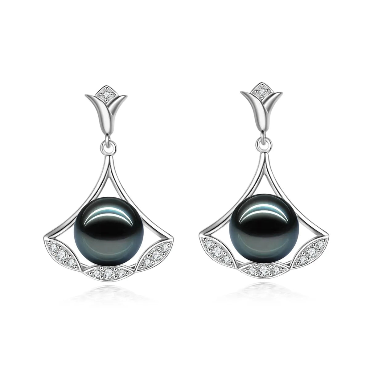 Unique Woman Jewelry Party Wedding Gift 925 Sterling Silver 9-10mm Natural Ocean Black Pearl Earrings Scalloped