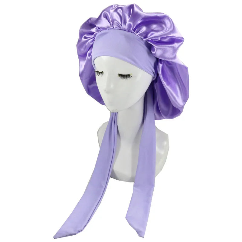 Wholesale Women Luxury Long Braid Hair Head Sleeping Satin Bonnets and Large Ties Satin Silk Hair Wraps Fashion Hats Bonnets
