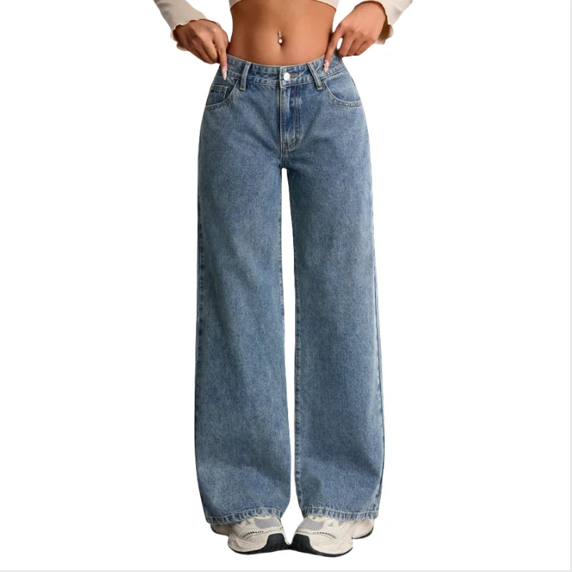 Women's TSRA Mid-Rise Casual Jeans Simple Wide Leg Pants Breathable Denim Polyester/Cotton Fashion Woven Loose Fit