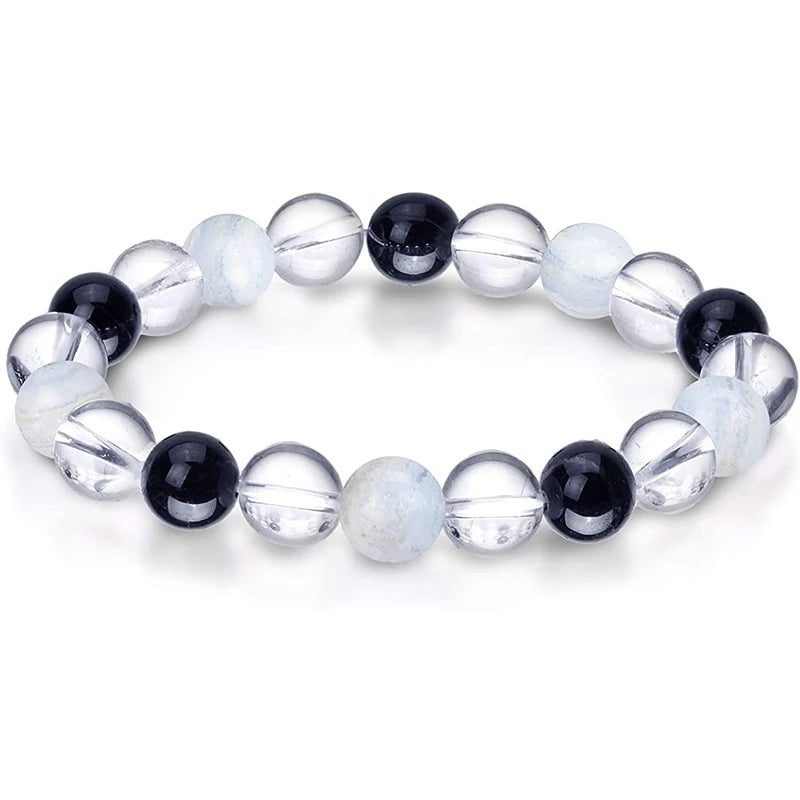 10mm Natural Clear Quartz Blue Lace Agate Black Tourmaline Round Yoga Beads Stretch Bracelet
