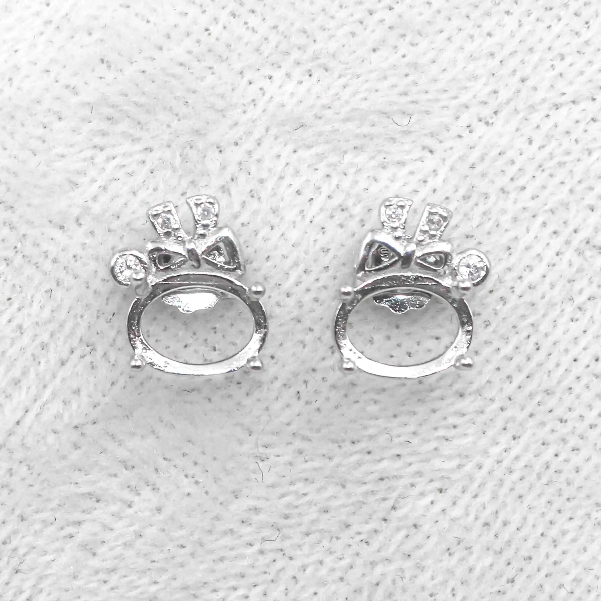 Sterling Silver 6*8mm Semi Mount Stud Earrings Empty Frame Support Blank Setting S925 Base Without Center Stone DIY for Inlay