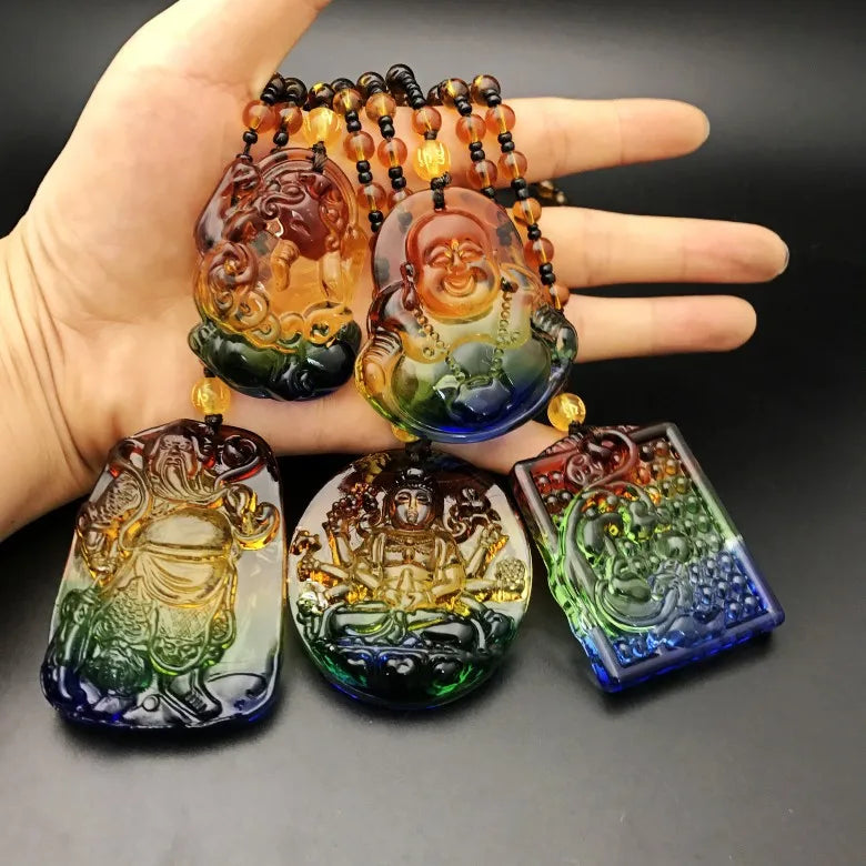 Popular Versatile Sweater Chain Jewelry Colorful Glass Necklace Ruyi Guan Gong Buddha Pixiu Pendant Necklace Gifts for Wome