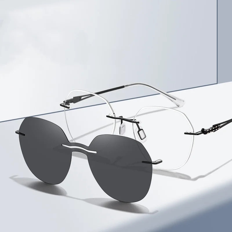Wholesale Women's Rimless TAC Sunglasses Polarized Fashionable Sun Shade Eyewear Black Gold Pink Magnetic Clip on