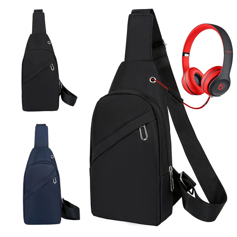 Plain Color Single Shoulder Crossbody Bag Multifunction Sports Chest Bags With Headphone Hole for Men