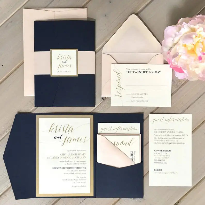 Custom Elegant Navy Blue Trip Fold Pocket Jacket Wedding Invitation with Pink Belly Band Envelope