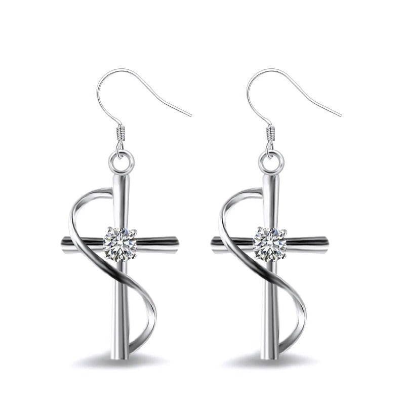 CAOSHI Religious Women Girls Dainty Cross Tiny Round Zircon and Line Dangle Earring Beautiful Lady Silver Cross Earrings Jewelry