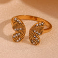 Tarnish Free Jewelry Signet Ring Zircon Butterfly Open Ring Gold Plated Stainless Steel Jewelry