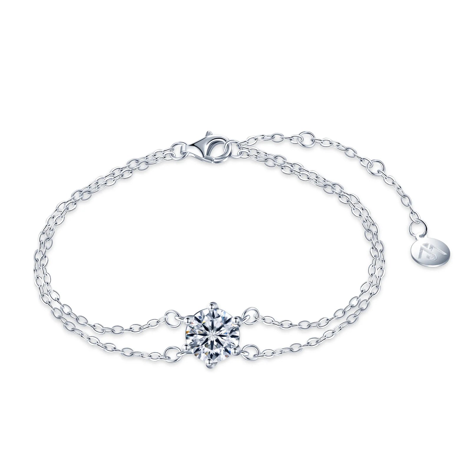 Gra Diamond Women's 925 Sterling Silver 1ct Vvs Moissanite Bracelet with Double Link Chain Elegant Bangles