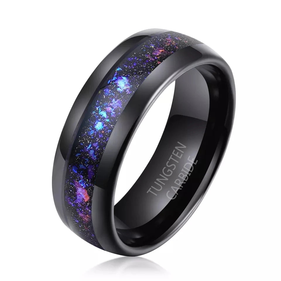 8mm Black Tungsten Wedding Band Men Classic Style Purple Blue Galaxy Gravel Inlay Engagement Jewelry