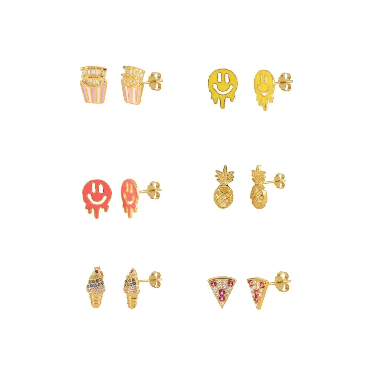 Fashion Jewelry 925 Sterling Silver Earrings Enamel Drop Oil Fruit Fast Food Smile Face Gold Plated Stud Earrings for Women