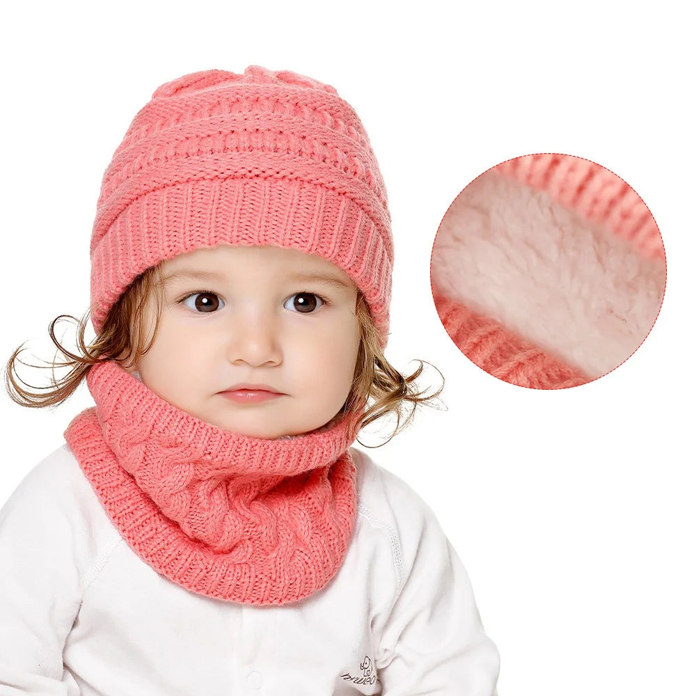 Winter Children Knitted Hat Scarf Sets Kids Warm Baby Plus Velvet Thick Soft Cap Boys Girls Fleece Lining Beanies