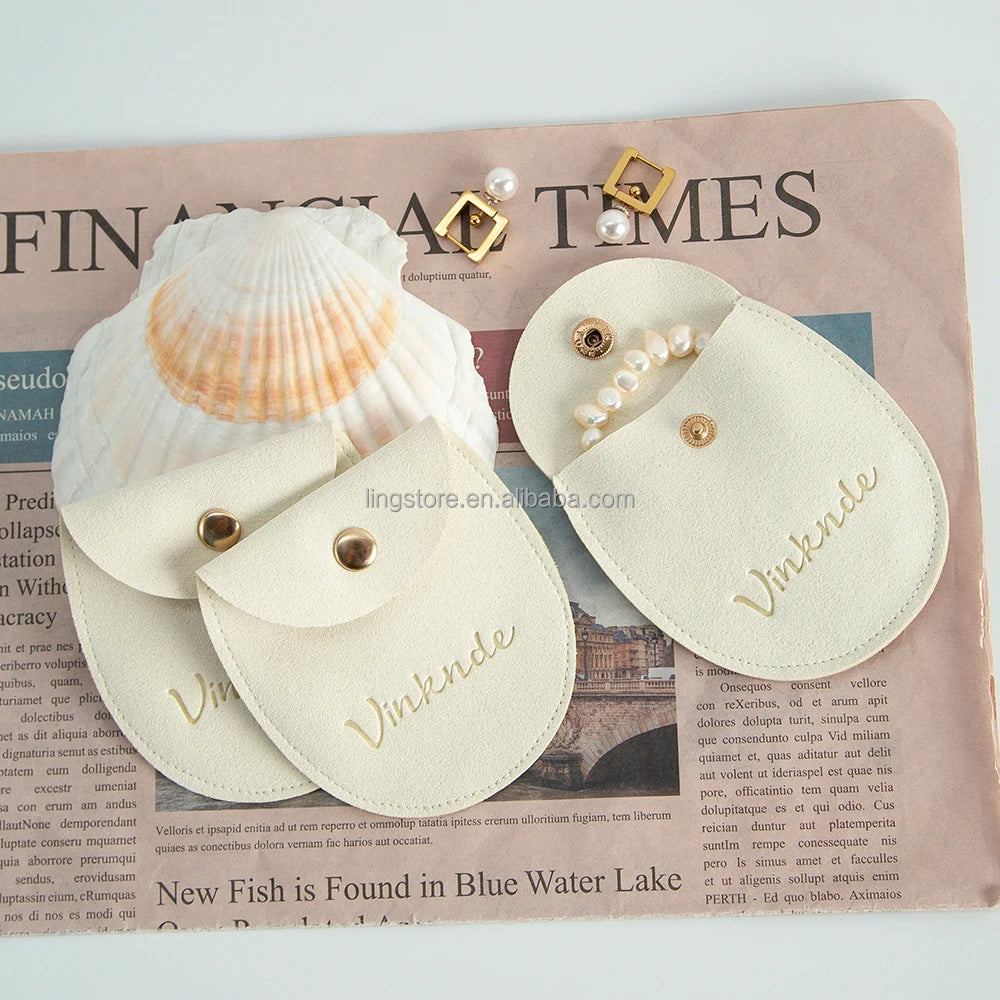 Wholesale Cream Ivory Beige Custom Velvet Microfiber Jewelry Pouches with Emboss logo Envelope Snap Button Bag
