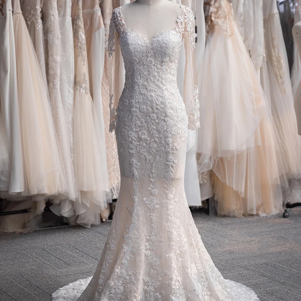 Jancember LSSG031 Beach Lace Embroidery Long Sleeve Wedding Dresses Mermaids