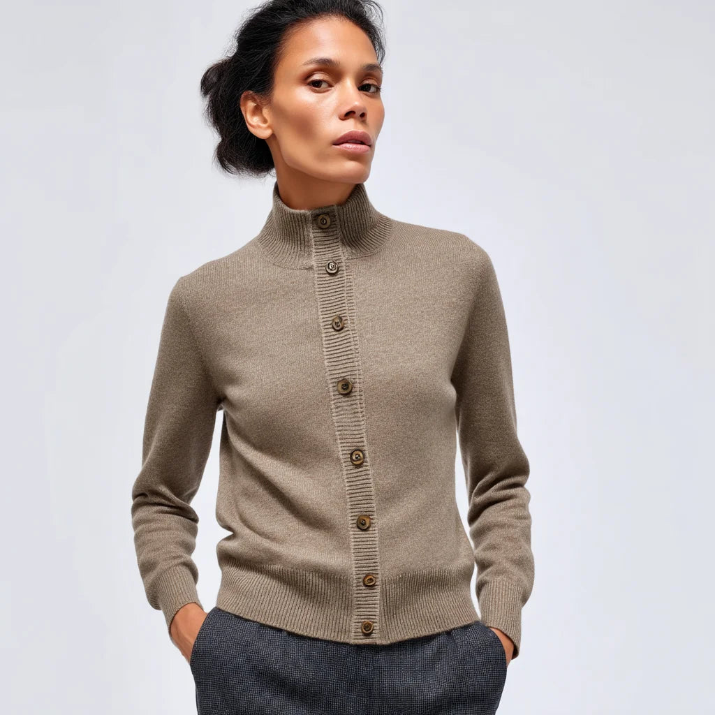 Women's European Style High-Neck Button-Up Cardigan Tailored Fit Cashmere Wool Blend Autumn Breathable Long Zipper Knitted Front
