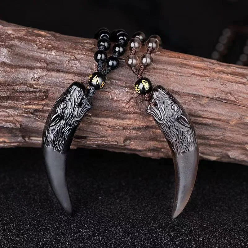 Handmade Natural Healing Crystal Black Obsidian Wolf Tooth  Charm Pendant Necklace for Men