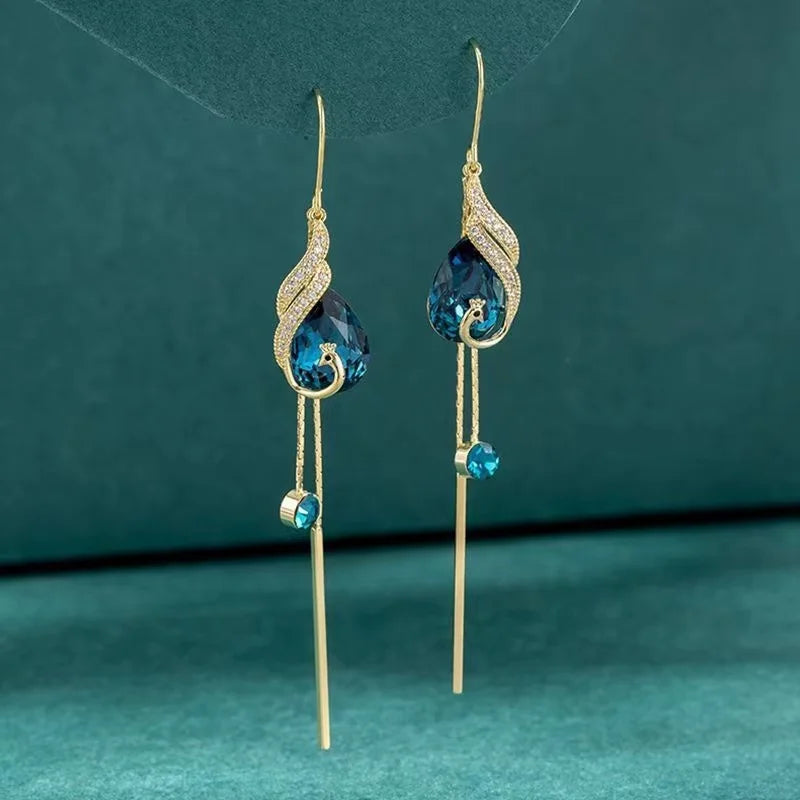 Women's Fashion New Peacock Tassel Sapphire Ruby Drop Earrings Elegant Jewelry Accessory