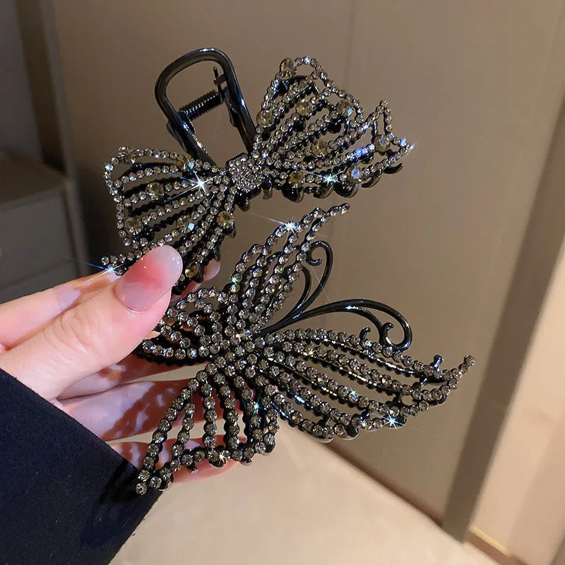 Luxury Retro Temperament Black Rhinestone Pearl Hollow Butterfly Hairpin Hair Claws Back of Head Shark Clip Hairwear Jewelry