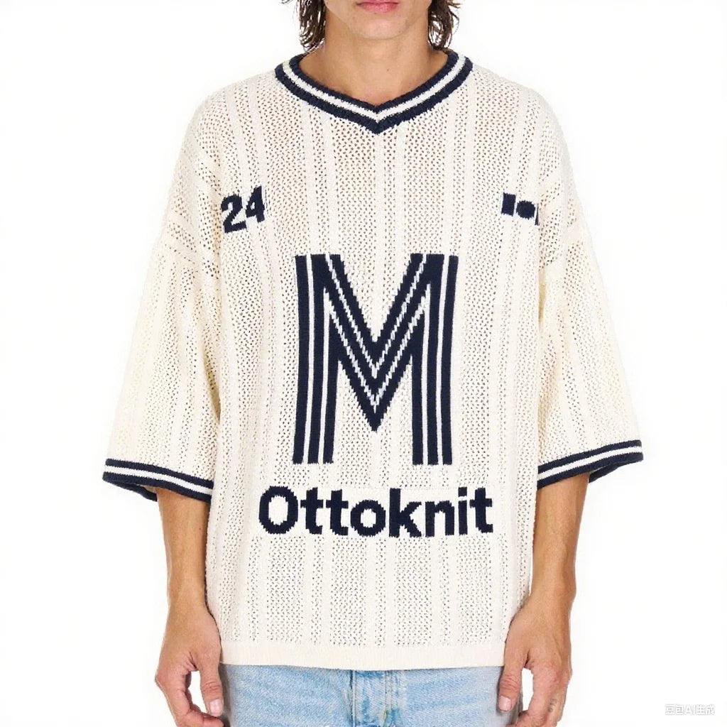 Custom Logo OEM Soccer Jersey 100% Cotton V-Neck Jacquard Pullover Embroidered Summer Short Sleeve Knitted Top"