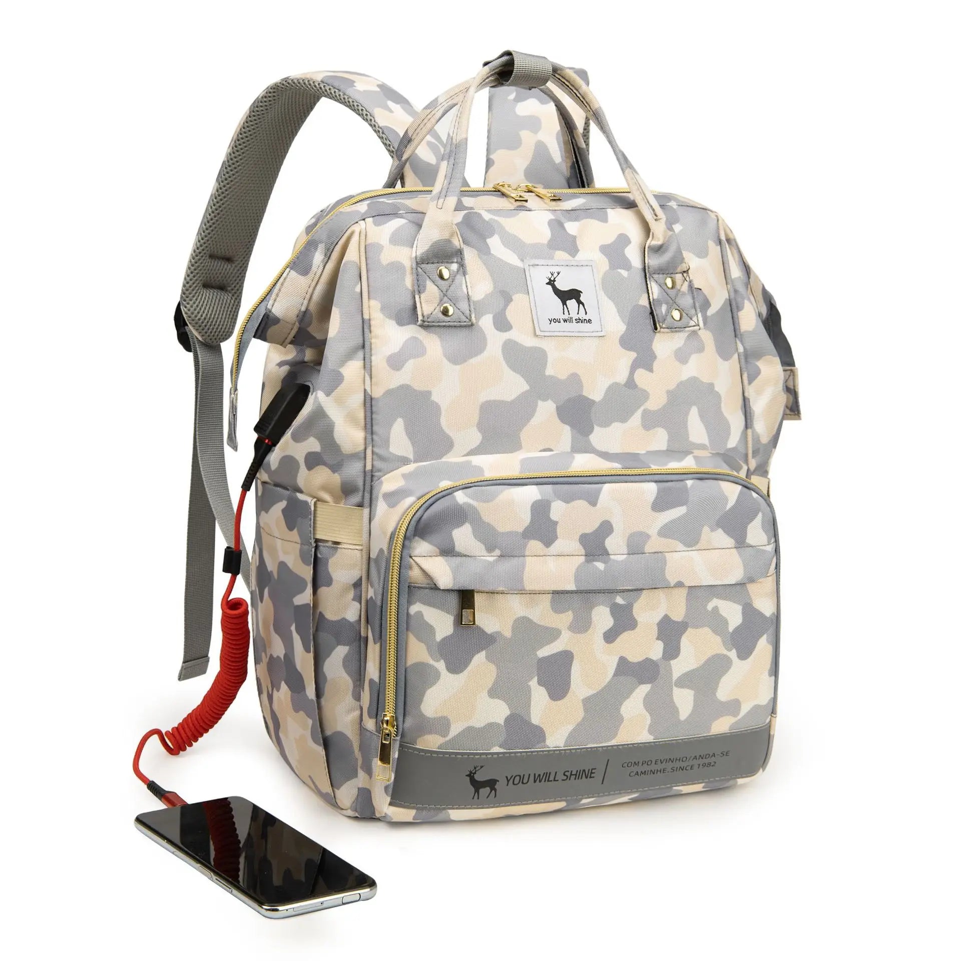Large Capacity Polyester Diaper Backpack Multi-function Water Resistant with USB Bassinet Mummy Nursing Bags for Babies
