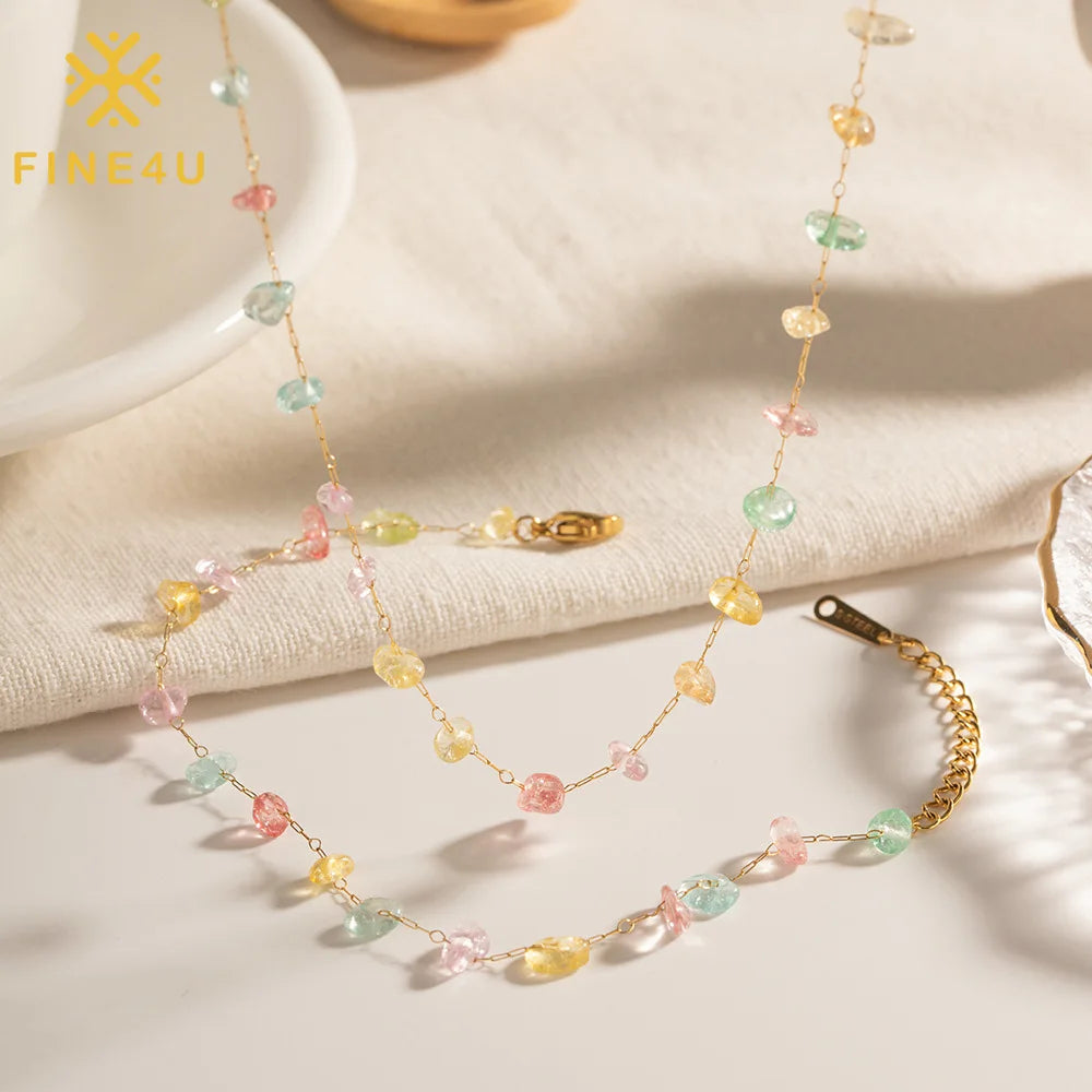 New Gold Plated Natural Stone Necklace Bracelet Bridal Stainless Steel Jewelry Set for Wedding Women