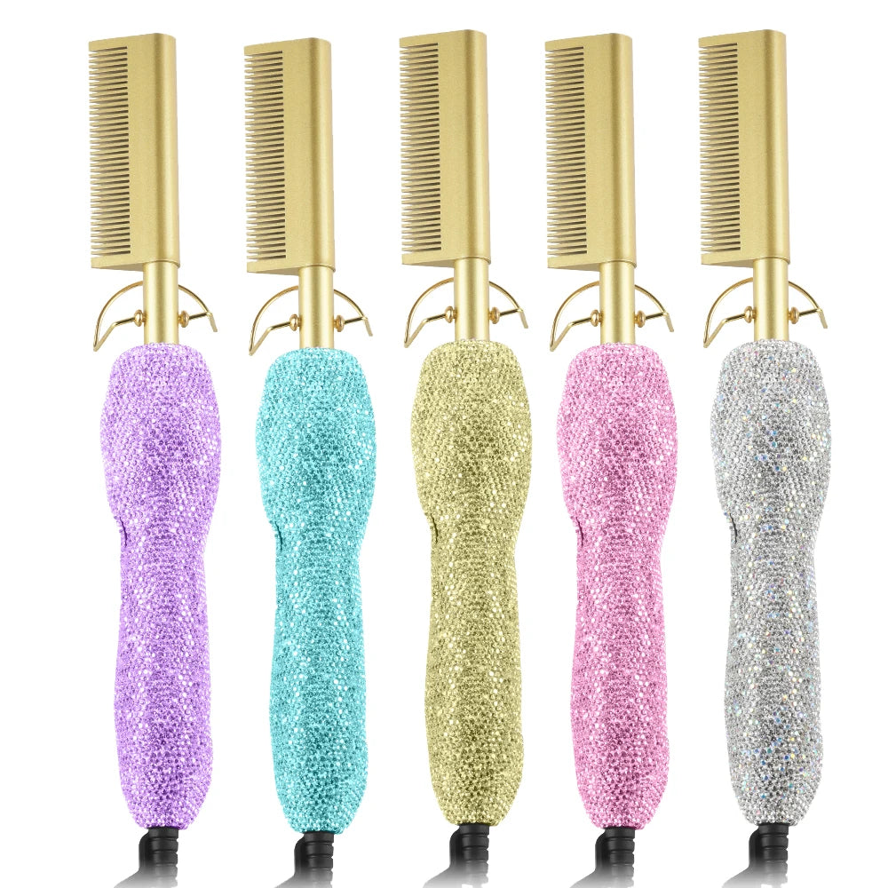 Diamond Handle Electric Hot Comb Hair Straightener Private Label 500 Degrees Bling Hot Comb for Women Wig