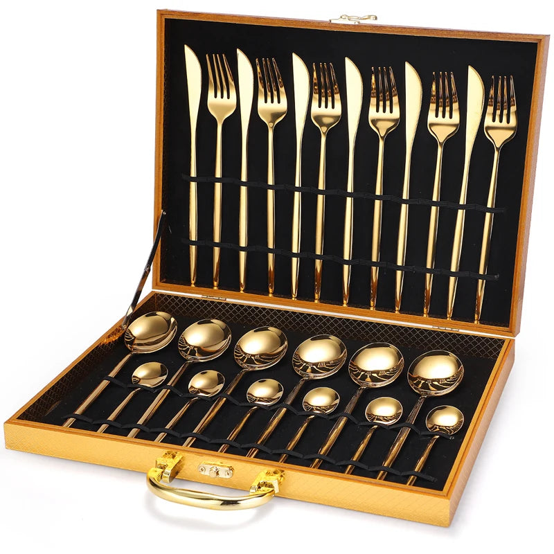 Deluxe Flatware Sets 24 Pieces Cutlery Set Stainless Steel Mirror Polish Cutlery with Gift Box for Wedding
