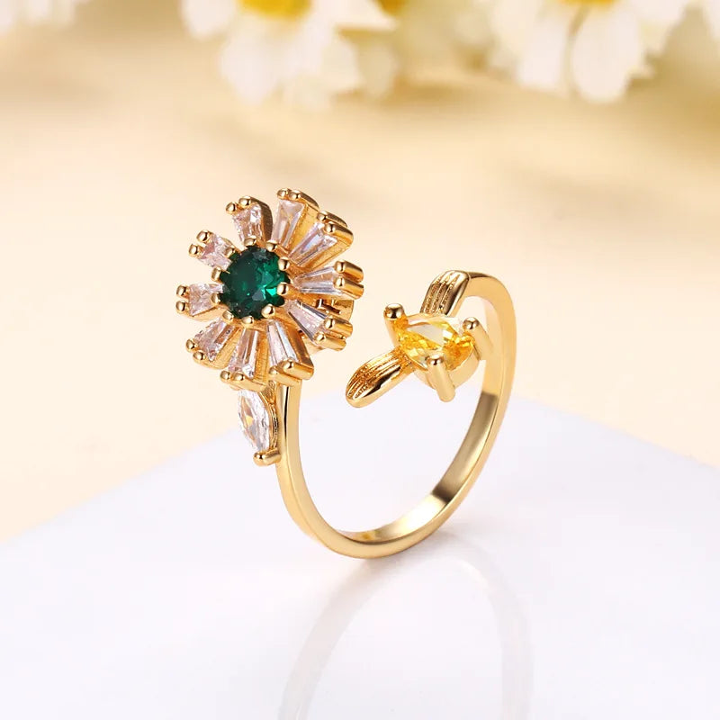 Fidget Rings for Women Adjustable Open Ring Cubic Zirconia Sunflower You are My Sunshine Spinner Ring Gift for Valentine
