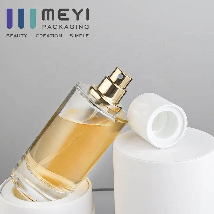 Custom 50ml & 100ml Luxury Modern Cylinder Glass Perfume Bottles with Magnetic White Cap Pump Sprayer Screen Printed with Box