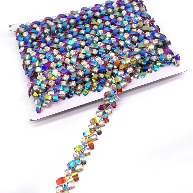 High Quality Customized Iridescent Resin Rhinestone Trim AB Red and Clear AB Gel Back Iron-on Trimming