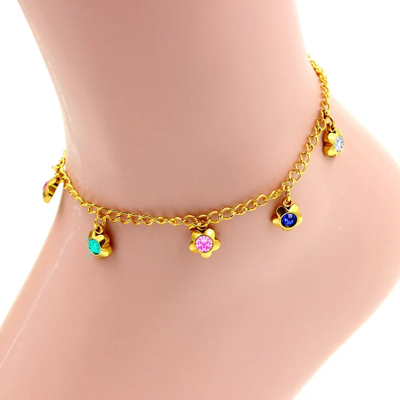 Colourfast Stainless Steel Leg Anklet Bracelet 18K Gold Vacuum Plated Cubic Zircon Star Heart Charm Link Chain Ankle Foot Chain