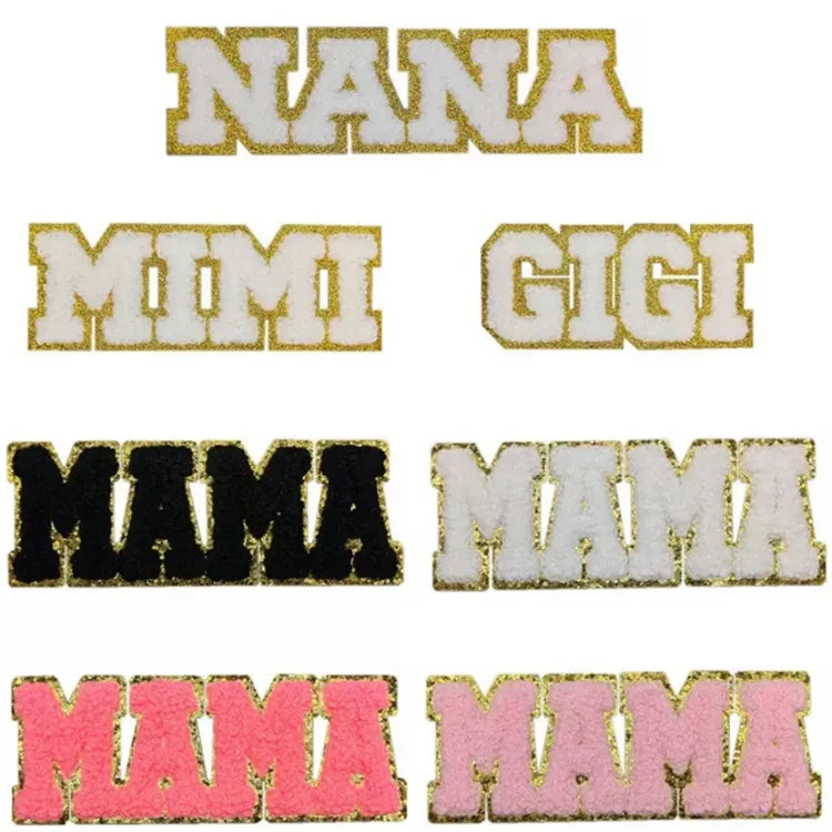 Wholesale White Pink Letter Patches Iron on Decorative 4.8IN Letter MAMA Chenille Patch for Hat Bag Women Gift