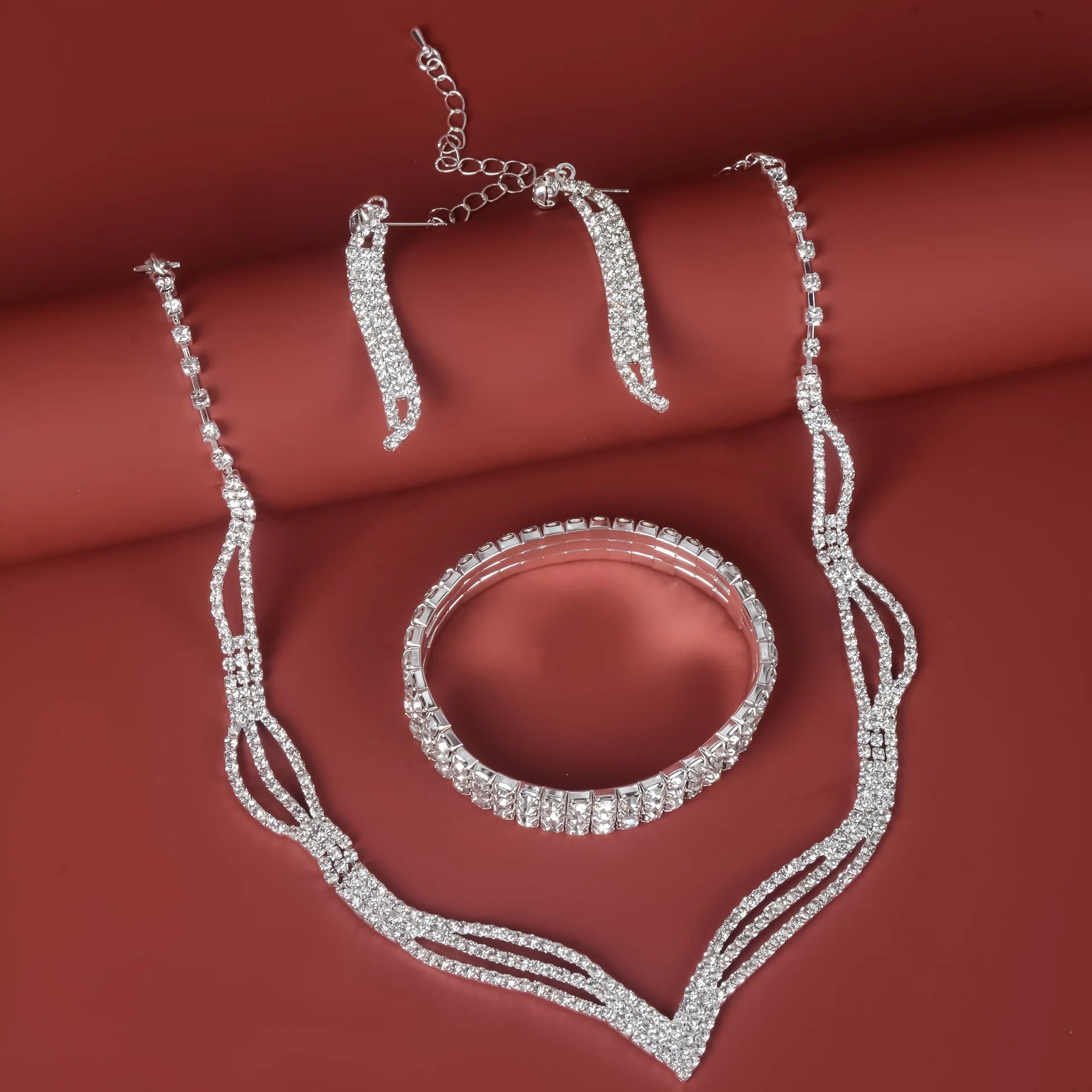 Luxury Classic Bling Full Crystal Eco-Friendly Jewelry Set Women Silver Color Earrings Bracelet Necklace Engagement Wedding Gift