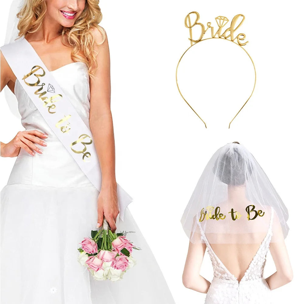 3 Pcs/Set Bride to Be Bride Sash Shoulder Strap Veil Tiara Headband Set for Wedding Bridal Party Decor Supplies