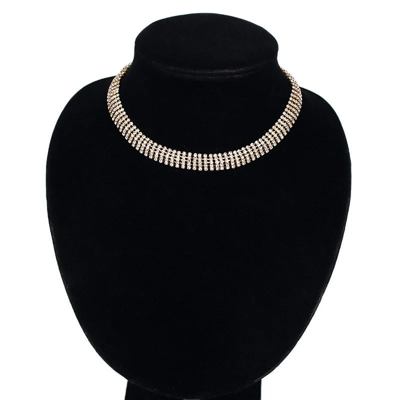 Vintage Gold Plated Necklaces with Full Pave Rhinestone Line Simple Design Multi-layer Strand Clasp for Gifts