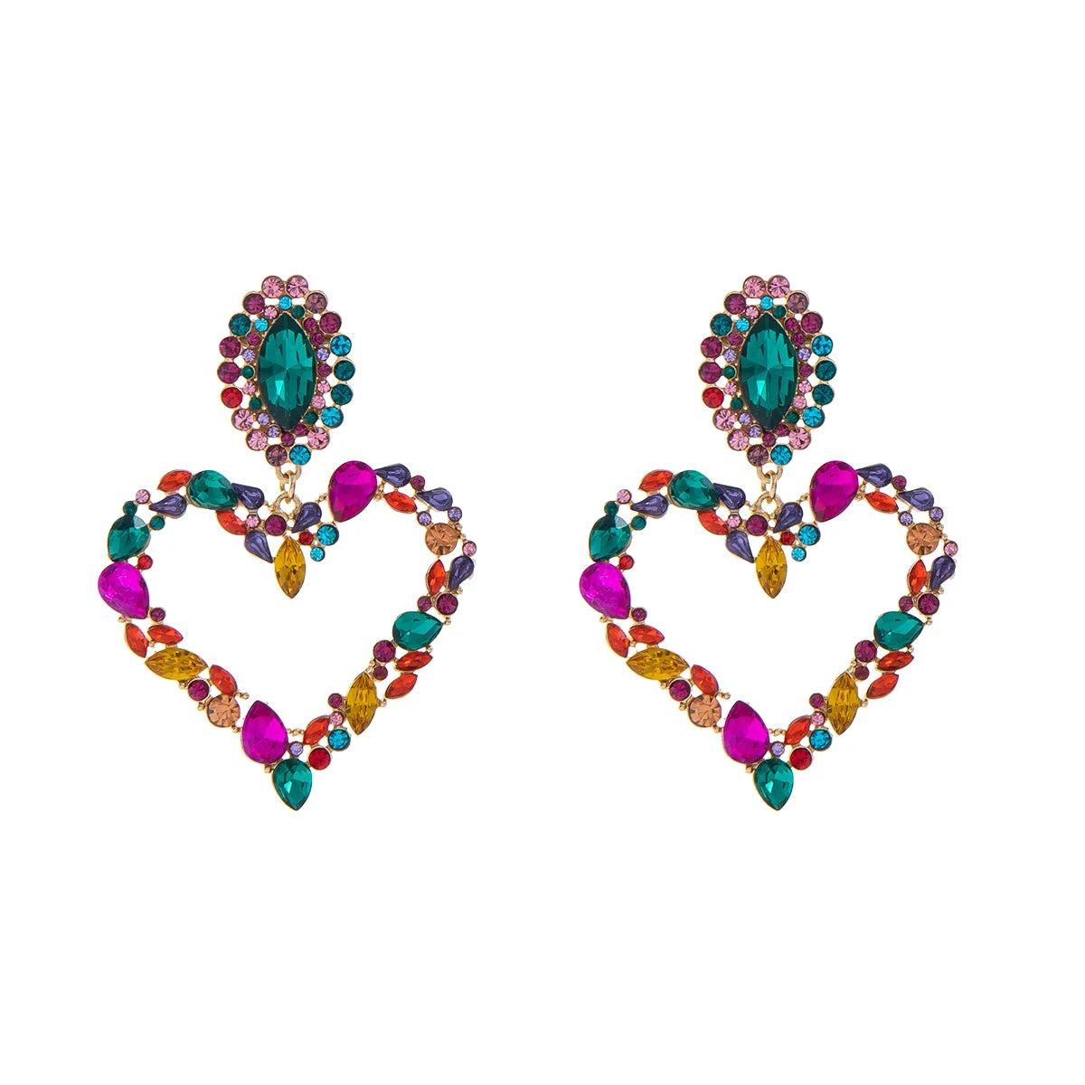 Fashion Jewelry Colorful Crystal Heart Dangle Earrings Rhinestone Crystal Heart Statement Earrings for Women