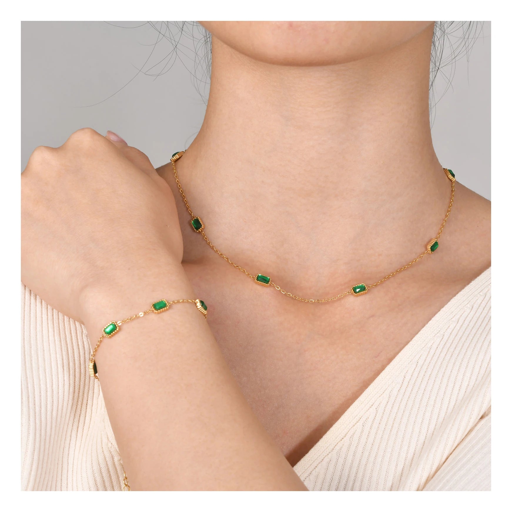 ERESI Waterproof Gold Plated Dainty May Birthstone Charm Choker Bracelet Stainless Steel Green Stone Necklace Bracelet