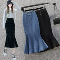 2025 Summer Women High Waist Denim Ruffle Skirt Slimming Elastic Slit Wrap Buttocks Fishtail Solid Color Midi Long Skirt