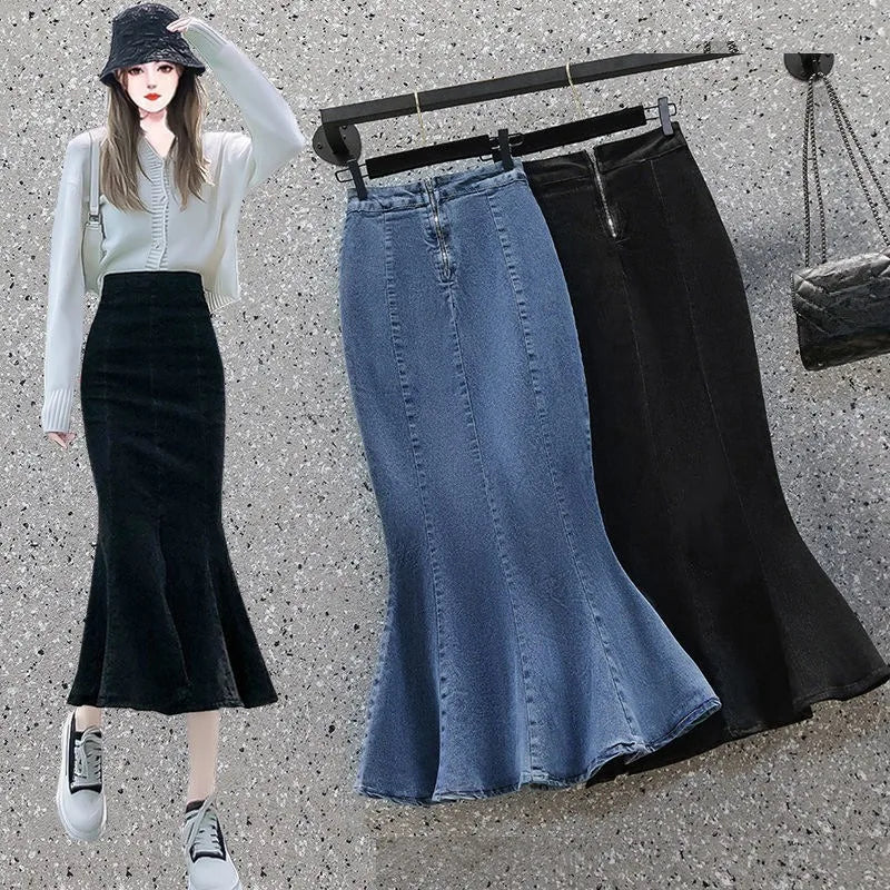 2025 Summer Women High Waist Denim Ruffle Skirt Slimming Elastic Slit Wrap Buttocks Fishtail Solid Color Midi Long Skirt