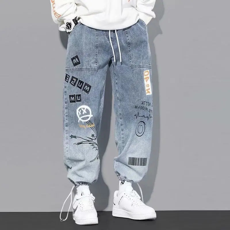 Y2K Graffiti Print Jeans Men Baggy Loose Fit Vintage Denim Pants Retro Streetwear Hip Hop Skateboard Stonewashed Trousers