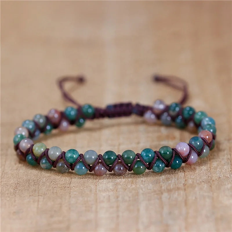 YueTong Handmade 4mm India Agate Natural Stone Beads Braided Bracelet for Women Boho Macrame Bracelet Gemstone Jewelry