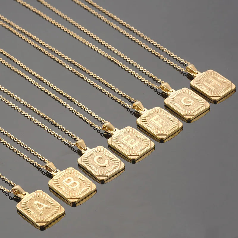 Fashion Jewelry Chain Gold Plated Necklace Stainless Steel Customized Mix Match 26 Square Initial Letters Alphabet Necklace