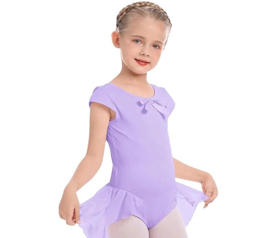 Girls Short Cap Sleeve Ballet Dance Dress Bowknot Chiffon Tutu Skirted Leotard Ballerina Dancewear Gymnastics Costume