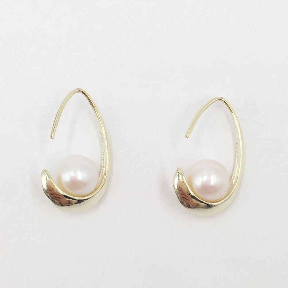 Fashion 925 Silver Earring 100% Nature Round Freshwater Pearl Real 18ct Gold Plating
