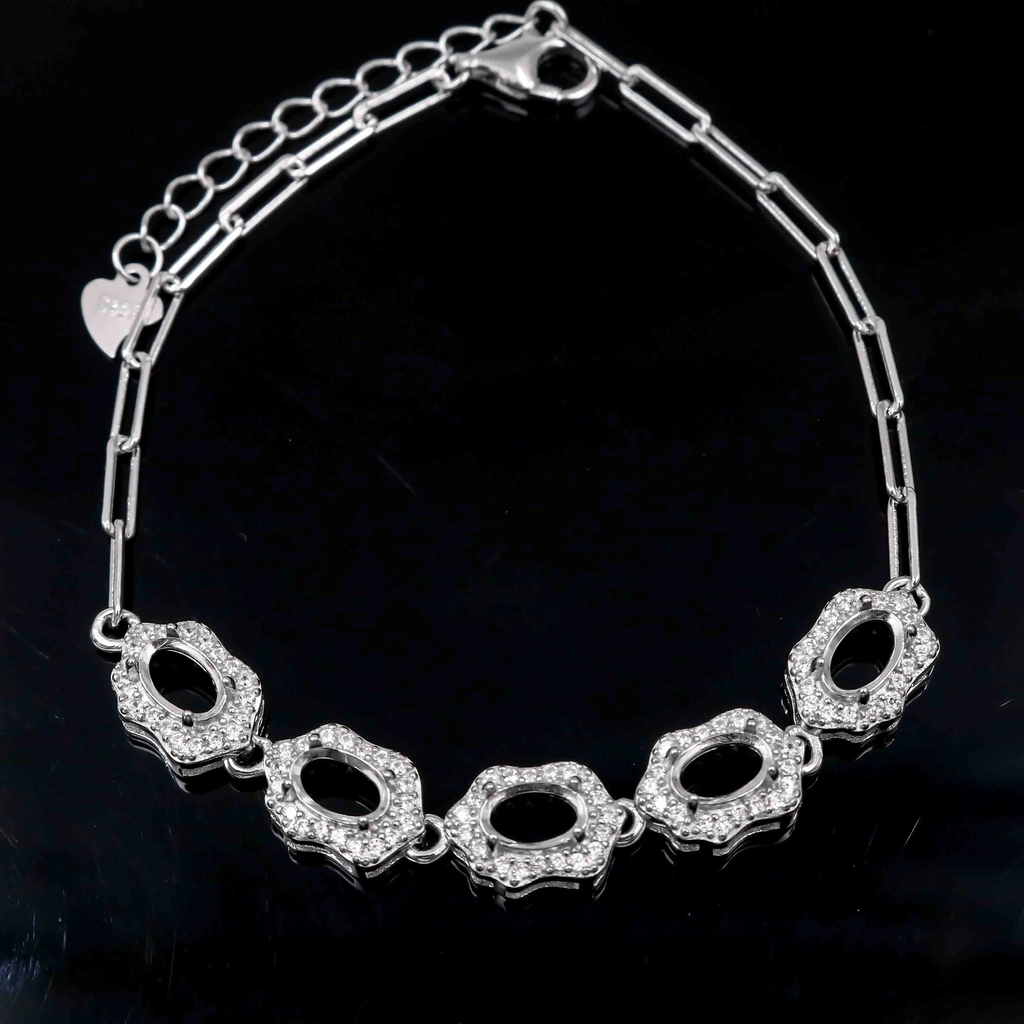 Sterling Silver 4*6mm Semi Mount Bracelet Empty Support Blank Claw Setting S925 Mountain Base Without Center Stone Inlay for DIY