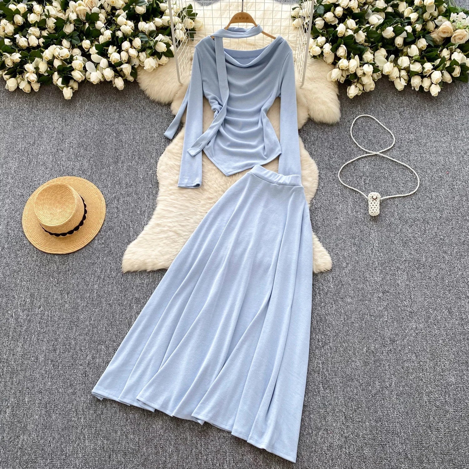 Light Luxury Minimalist Thousand Gold Wind Senior Sense Royal Sister Set Female Spring Swing Long Sleeve  Mid-length Skirt